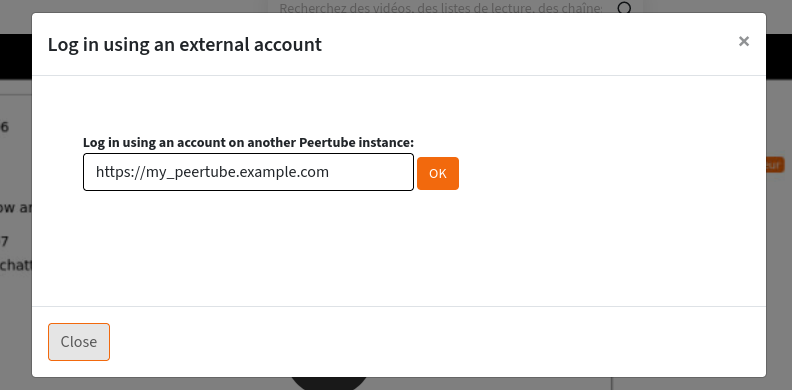 Snímek dialogového okna „Přihlášení pomocí externího účtu“. Obsahuje pole, do kterého můžete zadat adresu URL PeerTube.
